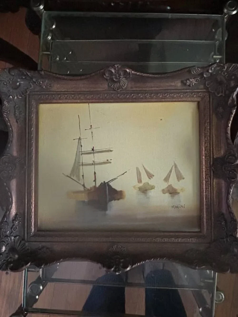 Wonderful Vintage Distressed Nautical Seascape Oil on Canvas